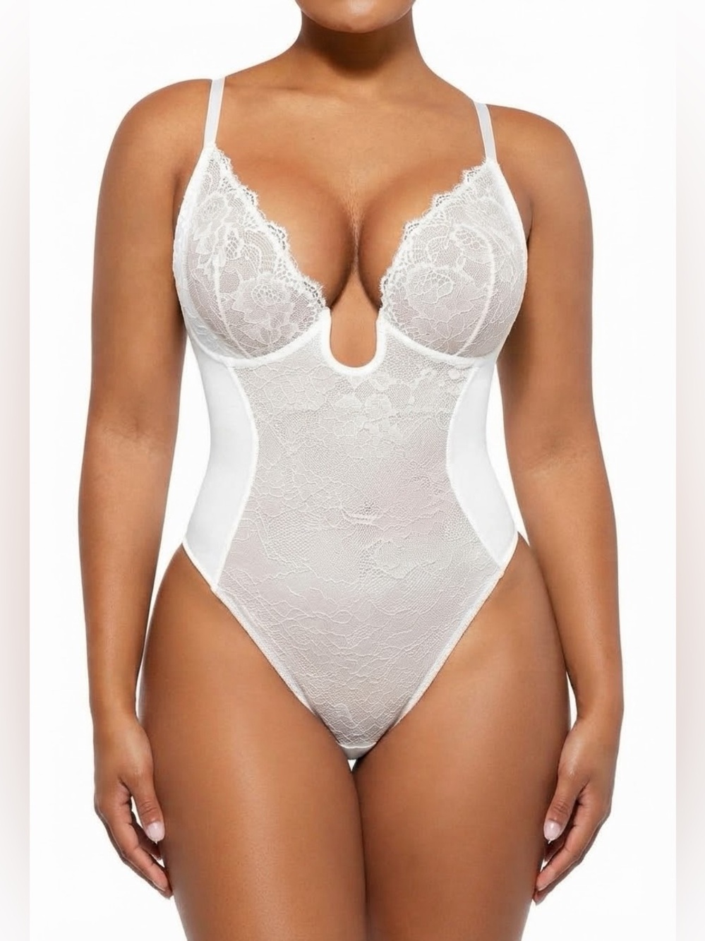 Shapellx White Lace Bodysuit U Plunge Size Large